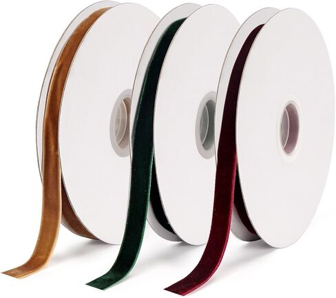 3 Rolls of Vintage Velvet Ribbon,1cm Wide Single Face Velvet Ribbon for Gift Wrapping Bow Making Christmas Decoration Floral Bouquets DIY Crafts 30 Yard(10 Yard/Roll) (Wine Red+Dark Green+Khaki) in Saudi Arabia