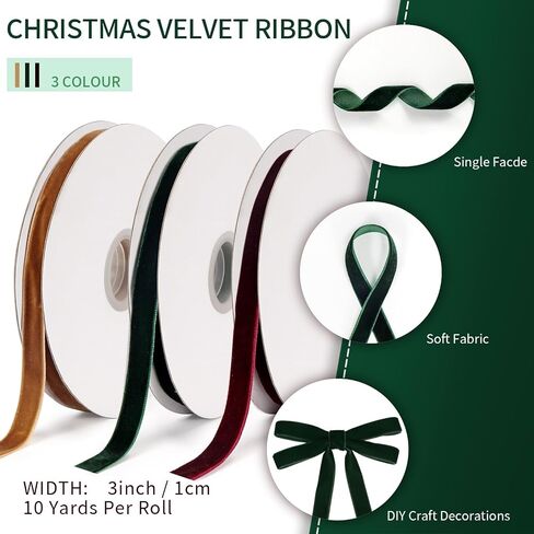 3 Rolls of Vintage Velvet Ribbon,1cm Wide Single Face Velvet Ribbon for Gift Wrapping Bow Making Christmas Decoration Floral Bouquets DIY Crafts 30 Yard(10 Yard/Roll) (Wine Red+Dark Green+Khaki) in Saudi Arabia