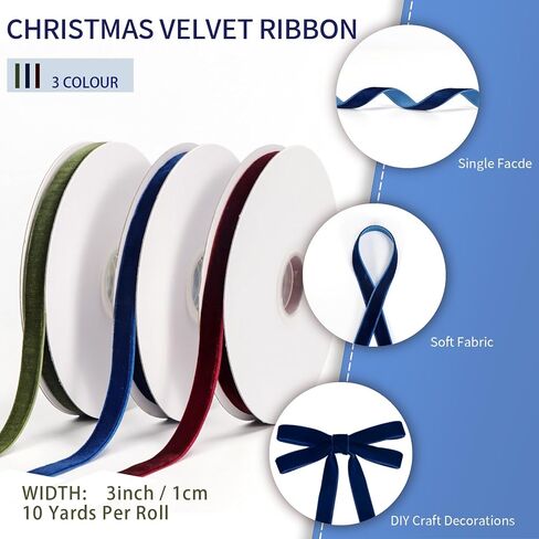 3 Rolls of Vintage Velvet Ribbon,1cm Wide Single Face Velvet Ribbon for Gift Wrapping Bow Making Christmas Decoration Floral Bouquets DIY Crafts 30 Yard(10 Yard/Roll) (Wine Red+Dark Green+Khaki) in Saudi Arabia