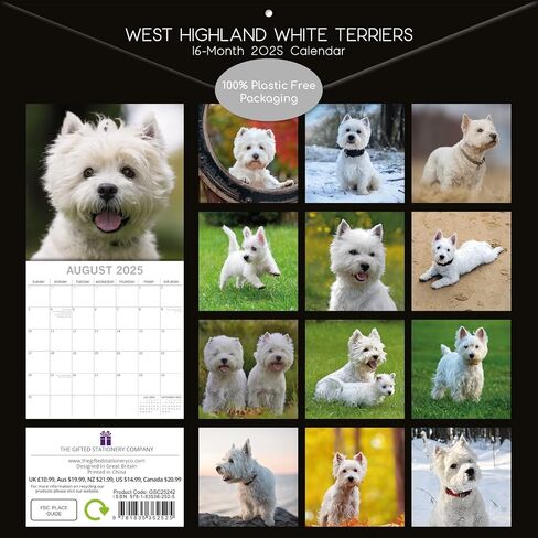The Gifted Stationary 2025 Square Wall Calendar, West Highland White Terriers, 16-Month Animals Theme Hanging Calendar with 180 Reminder Stickers, Month Planner for Home or Creative Spaces, 12x12 In in Saudi Arabia
