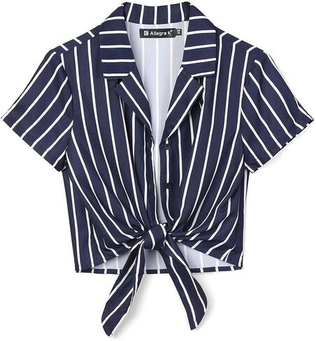 Allegra K Women's Striped Button Up Lapel Collar Top Short Sleeve Tie Front Crop Shirt in Saudi Arabia