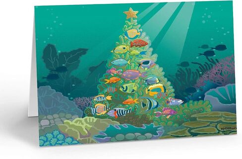 Stonehouse Collection | Coral Ocean Fish Holiday Tree | 18 Christmas Cards and Envelopes | USA Made in Kuwait
