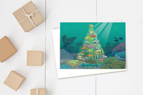 Stonehouse Collection | Coral Ocean Fish Holiday Tree | 18 Christmas Cards and Envelopes | USA Made in Kuwait