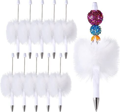 Beadthoven 10pcs Fluffy Beadable Pens, Cute Plush Ball Beaded Pens DIY Plastic Bead Pen Funny Pom Pom Pens Shaft Black Ink Ballpoint Pens for DIY Pens Decorations Supplies Gift Office School Red in Saudi Arabia