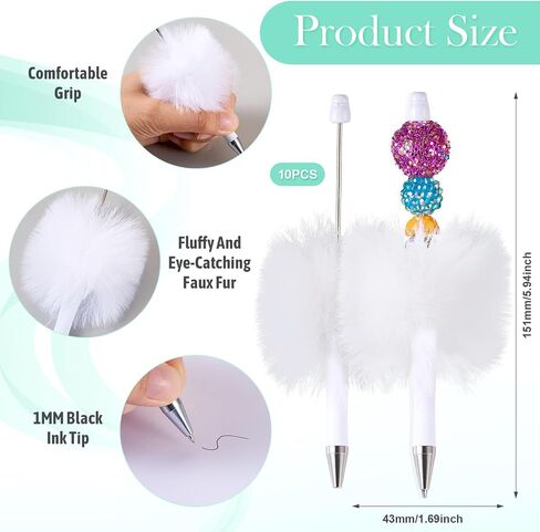 Beadthoven 10pcs Fluffy Beadable Pens, Cute Plush Ball Beaded Pens DIY Plastic Bead Pen Funny Pom Pom Pens Shaft Black Ink Ballpoint Pens for DIY Pens Decorations Supplies Gift Office School Red in Saudi Arabia
