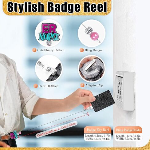 Retractable ID Badge Holder Reel: Cute Bling Nurse Badge Reel with Alligator Clip Badge Clip Horizontal & Vertical Bling ID Badge Holder for Nurses Doctors Students in Saudi Arabia