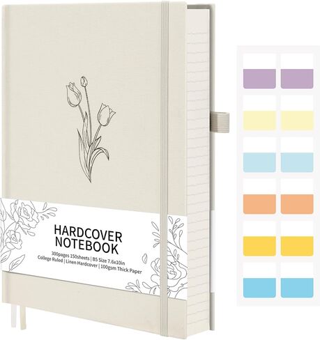 Ospelelf Linen Hardcover Journaling Notebooks for Note Taking, Work and Campus, B5 7.5 x 10'' 300 Pages College Ruled Notebooks for School with Pen Loop and Tabs White Tulip in Saudi Arabia