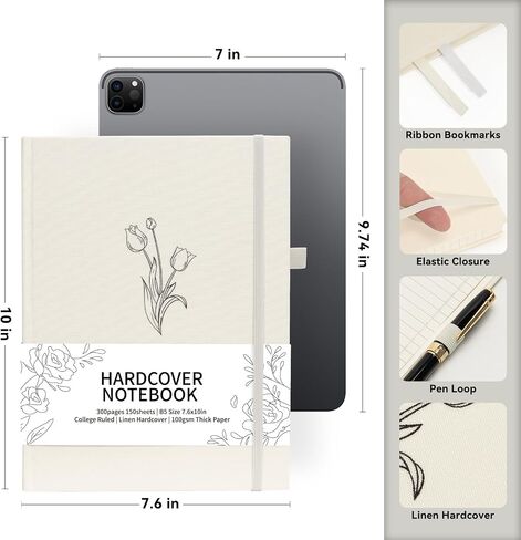 Ospelelf Linen Hardcover Journaling Notebooks for Note Taking, Work and Campus, B5 7.5 x 10'' 300 Pages College Ruled Notebooks for School with Pen Loop and Tabs White Tulip in Saudi Arabia