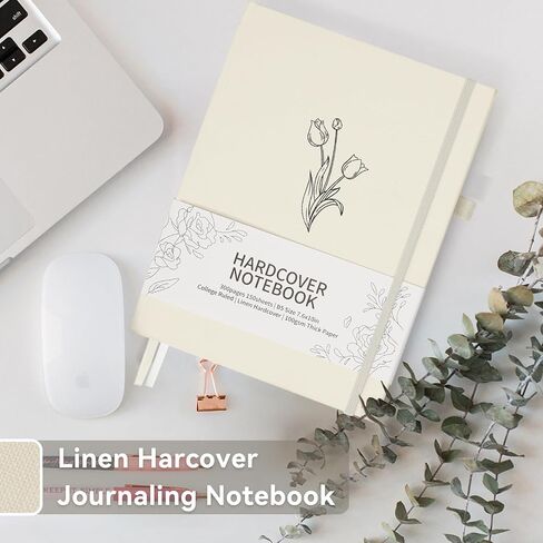 Ospelelf Linen Hardcover Journaling Notebooks for Note Taking, Work and Campus, B5 7.5 x 10'' 300 Pages College Ruled Notebooks for School with Pen Loop and Tabs White Tulip in Saudi Arabia