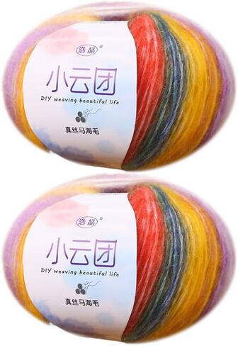 Silk Mohair Yarn Multicolor Soft Mohair Knitting Wool Yarn Fluffy Yarn for Crocheting & Knitting Sweater Baby Clothes Hats Scarf, 50g x 2 Balls in Kuwait