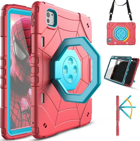 حافظة لجهاز 11 بوصة من جيل 2024، حافظة لجهاز iPad pro M4 بحامل يدور 360 درجة، غطاء حماية متين مقاوم للصدمات للأطفال مع واقي شاشة (أحمر) in Saudi Arabia