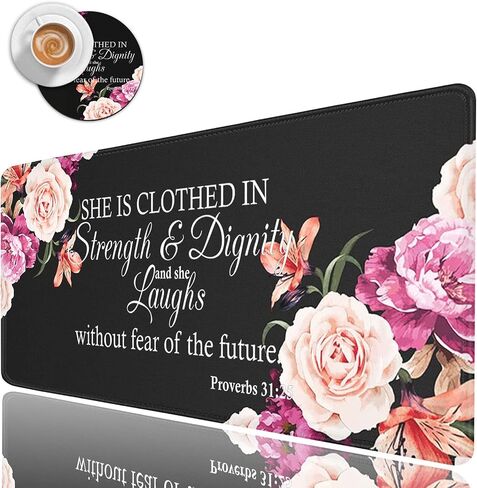 Large Gaming Mouse Pad, Long Extended XL Ergonomic Mousepad Desk Pad, Large Rubber Mice Pads Stitched Edges, 31.5'' X 11.8'+ Cup Coaster, Proverbs 31:25 Bible Verse Peony Flower in Kuwait