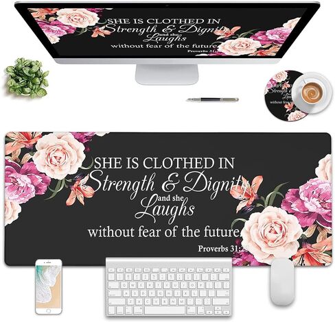 Large Gaming Mouse Pad, Long Extended XL Ergonomic Mousepad Desk Pad, Large Rubber Mice Pads Stitched Edges, 31.5'' X 11.8'+ Cup Coaster, Proverbs 31:25 Bible Verse Peony Flower in Kuwait
