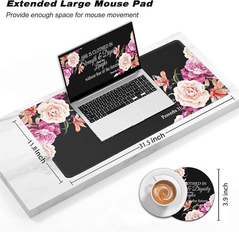 Large Gaming Mouse Pad, Long Extended XL Ergonomic Mousepad Desk Pad, Large Rubber Mice Pads Stitched Edges, 31.5'' X 11.8'+ Cup Coaster, Proverbs 31:25 Bible Verse Peony Flower in Kuwait