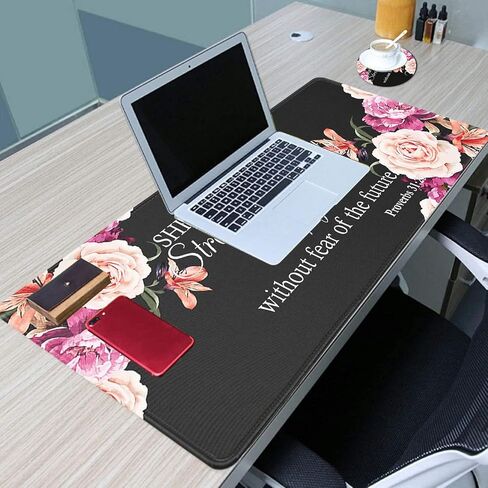 Large Gaming Mouse Pad, Long Extended XL Ergonomic Mousepad Desk Pad, Large Rubber Mice Pads Stitched Edges, 31.5'' X 11.8'+ Cup Coaster, Proverbs 31:25 Bible Verse Peony Flower in Kuwait