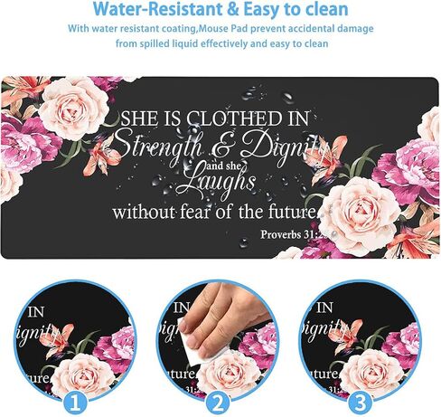 Large Gaming Mouse Pad, Long Extended XL Ergonomic Mousepad Desk Pad, Large Rubber Mice Pads Stitched Edges, 31.5'' X 11.8'+ Cup Coaster, Proverbs 31:25 Bible Verse Peony Flower in Kuwait