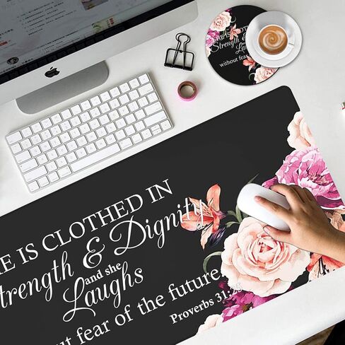 Large Gaming Mouse Pad, Long Extended XL Ergonomic Mousepad Desk Pad, Large Rubber Mice Pads Stitched Edges, 31.5'' X 11.8'+ Cup Coaster, Proverbs 31:25 Bible Verse Peony Flower in Kuwait