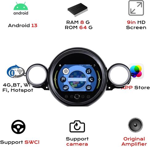 ستيريو راديو Android 13 لسيارة Mini Coupe Countryman Clubman وHatch، Qualcomm 668SOS، دعم CarPlay اللاسلكي، 4G، التحكم في المقبض (9 بوصات فتحات متوازية للقرص المضغوط الأسود) in Kuwait