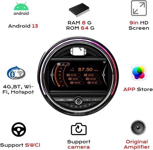 ستيريو راديو Android 13 لسيارة Mini Coupe Countryman Clubman وHatch، Qualcomm 668SOS، دعم CarPlay اللاسلكي، 4G، التحكم في المقبض (9 بوصات فتحات متوازية للقرص المضغوط الأسود) in Kuwait