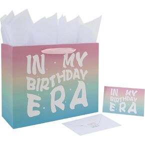 13" Large Rainbow Happy Birthday Gift Bag Set with Handles, Greeting Card, Tissue Papers and Stickers for Girls Women Kids Teens, In My Birthday Era Design, 1 Pcs