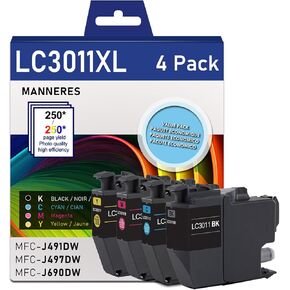 LC3011XL High Yield Ink Cartridges 4-Pack (1 Black, 1 Cyan, 1 Magenta, 1 Yellow) Compatible LC3011 Ink Replacement for Brother LC3011 Ink Cartridge MFC-J497DW MFC-J491DW MFC-J690DW MFC-J895DW Printer