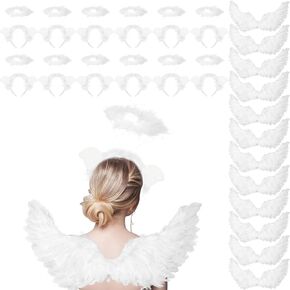 Panitay 24 Pcs Angel Costume Set Feather White Wings and Headband Bulk for Kids Adults Cosplay Mardi Gras Party