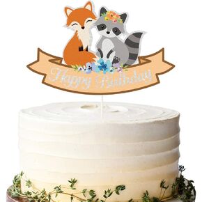 Glitter Fox and Raccoon Happy Birthday Cake Topper, Woodland Animal Theme Birthday Cake Decor Party, Woodland Animal Party Decoration Supplies