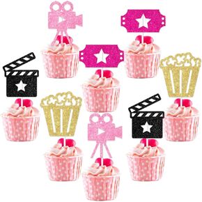 36pcs Movie Cupcake Toppers Glitter, Movie Night Party Decorations Projector Popcorn for Girls Movie Theme Birthday Party Cake Decorations Supplies