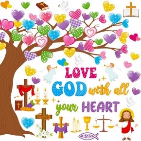 Zonon Christian Valentine's Day Classroom Bulletin Board Decorations Love God with All Your Heart Tree Bulletin Board Cutouts Religious Sunday School Classroom Decoration Wall