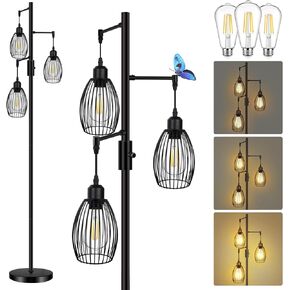Industrial Floor Lamp Dimmable, Farmhouse Standing Lamp Tree Floor Light with Bright 3X 800LM LED Bulbs, 3-Light Adjustable Tall Lighting for Living Room Bedroom Office