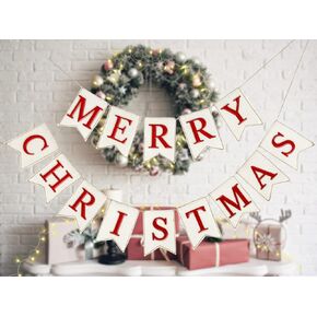 Whaline 2Pcs Christmas Burlap Banner Felt Merry Christmas Banner Green White Pre-Assembled Xmas Bunting Garland Celebration Hanging Decorations for Home Party Supplies in Kuwait