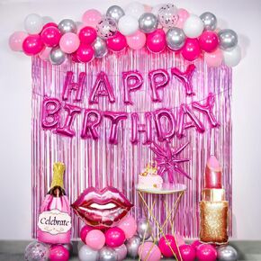 Hot Pink Birthday Decorations for Women with Banner, Fringe Curtains, Feminine Themed Foil Balloons Foil Balloons for 13 16th 21st 25 30 40 50th Happy Birthday Decorations