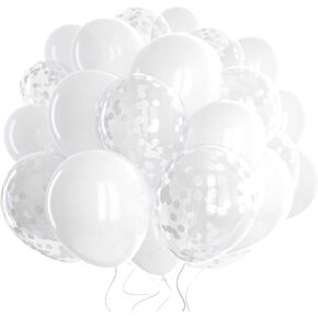 Dandy Decor 60 Pack White Balloons + White Confetti Balloons w/Ribbon | Latex Balloons 12 Inch | Balloon White | Bridal Shower Balloons | Wedding Balloons | Round Balloons | White Party Decorations |