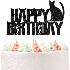 Happy Birthday Cat Cake Topper, Cat Birthday Theme Pet Party Decoration Supplies Black Glitter