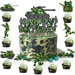 Camoufalge Birthday Party Cake Topper Camo Cupcake Toppers Camo Gree Happy Birthday Cake Decoration for Army Soldier Military Theme Baby Shower Supplies