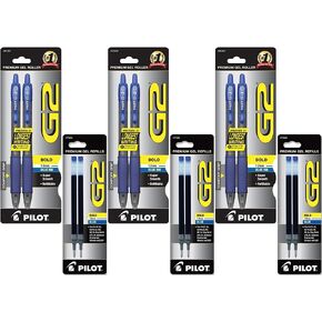 Pilot G2 Retractable Premium Gel Ink Roller Ball Pens, Bold Point, 6-Pack, Blue Ink (31251) with 6 Blue Ink Refills
