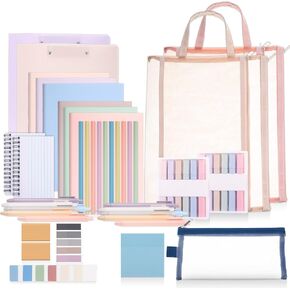 Colarr 54 Pieces Aesthetic School Supplies Including Pastel Highlighters Document Bags Pencils Notebooks Pencil Pouch Ink Pens Sticky Notes Erasers Back to School Gift Stationary Kit Supplies(Morandi)