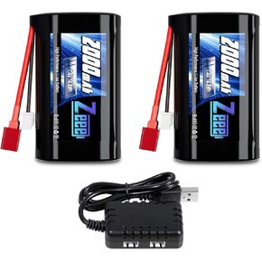 Zeee 2S Li-ion Battery 2000mAh 7.4V Battery Deans T Connector with 7.4V Battery Charger Compatible with 1/10, 1/12, 1/16 Scale RC Cars 4WD High Speed RC Car RC Boat RC Trucks(2 Pack)