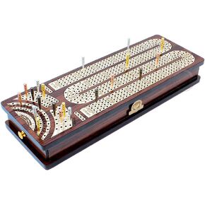 Continuous Cribbage Board/Box Inlaid in Rosewood/Maple : 4 Track - Side Drawers with Score Marking Fields for Skunks, Corners and Won Games
