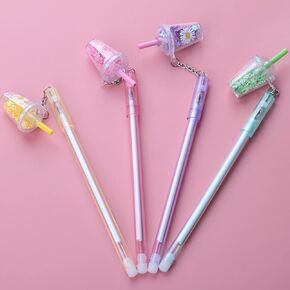 4 Pcs Multicolour Cute Kawaii Daisies Flower Milk Tea Cup Pendant Gel Pen School Office Supply Stationery Creative Sweet Pencs Gel Ink Rollerball Pens Rollerball Pens