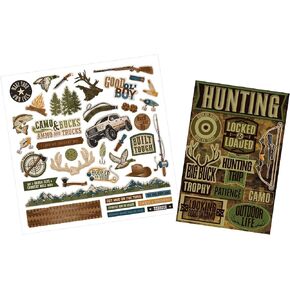 Hunting Scrapbook Stickers - Hunting and Fishing Scrapbook Stickers with Bow, Fishing Rod, Outdoor Design - Hunting Scrapbook Sticker for Scrapbooking, Photo Album, Journal, DIY Crafts - 2 Items Set