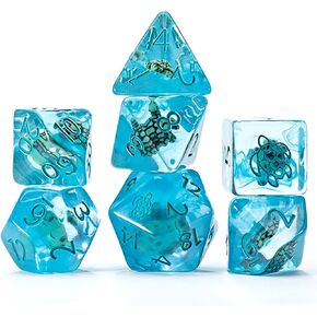 Gate Keeper Games and Dice: Inclusion Dice: Sea Turtle - 7pc RPG Set, Small Sea Turtle in Light Blue & Clear Swirl Resin, Dice for Role Playing Games