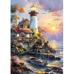 MXJSUA Lighthouse Diamond Painting Kits for Adults, DIY Boat Round Diamond Gem Art Kits, Diamond Dots Drill Art Kits Completes for Beginners Picture Craft for Home Wall Decor 12x16 inch