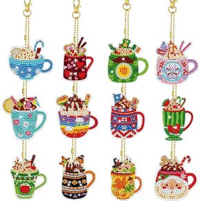 Ecation 12 جهاز كمبيوتر شخصى الموسم فنجان القهوة الماس اللوحة سلاسل المفاتيح 12 شهر 5D DIY الماس الفن سلاسل المفاتيح مهرجان مزدوج الوجهين الماس اللوحة حلية مجموعات للبالغين عطلة الديكور هدية in Kuwait