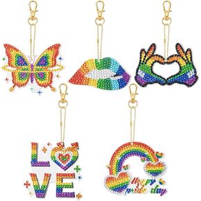 JSRQT 5 PCS Diamond Painting Keyrings Rainbow Festival Diamond Art Keyrings Double Sided Full Drill Rhinestone Painting Key Chains Pendant 5D DIY Crystal Keyring Mosaic Making Kit Pride Month