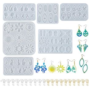 Yayatty Earring Epoxy Resin Silicone Molds, 6 PCS Resin Earring Molds Halloween Flowers Sea Animals Earring Resin Molds with Ear Hooks, Jump Rings for DIY Earrings, Resin Crafts DIY