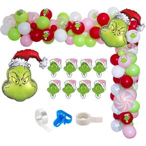 Pink Christmas Balloon Garland Arch Kit, Pink Red Green Snowflake Latex Balloon Arch with Candy Mylar Balloons for Girl Grinchmas Party, Christmas Birthday Decorations, New Year Baby Shower Decor