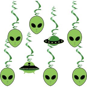 Swirls & Cutouts Green Alien Theme Hanging Swirl Decorations UFO Theme Ceiling Whirl Streamer Hanging Cutouts Alien Invasion for Kids Girls Boys Birthday Baby Shower First Birthday Party Supplies