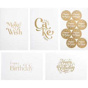 Paper Play 20 Pack Assorted Birthday Cards - 4 Matte Gold Foil Designs Happy Birthday Cards - 4 x 6 Inches Blank Birthday Notes Bulk Box Set - Greeting Cards with Envelopes & Gold Foil Stickers
