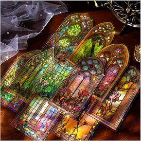 Holographic Cathedral Window Frame Stickers for Junk Journal Scrapbooking Supplies, 60pcs Glitter PET Transparent Stickers for Scrapbook Journaling kit, Stained Glass Stickers for Room Decor